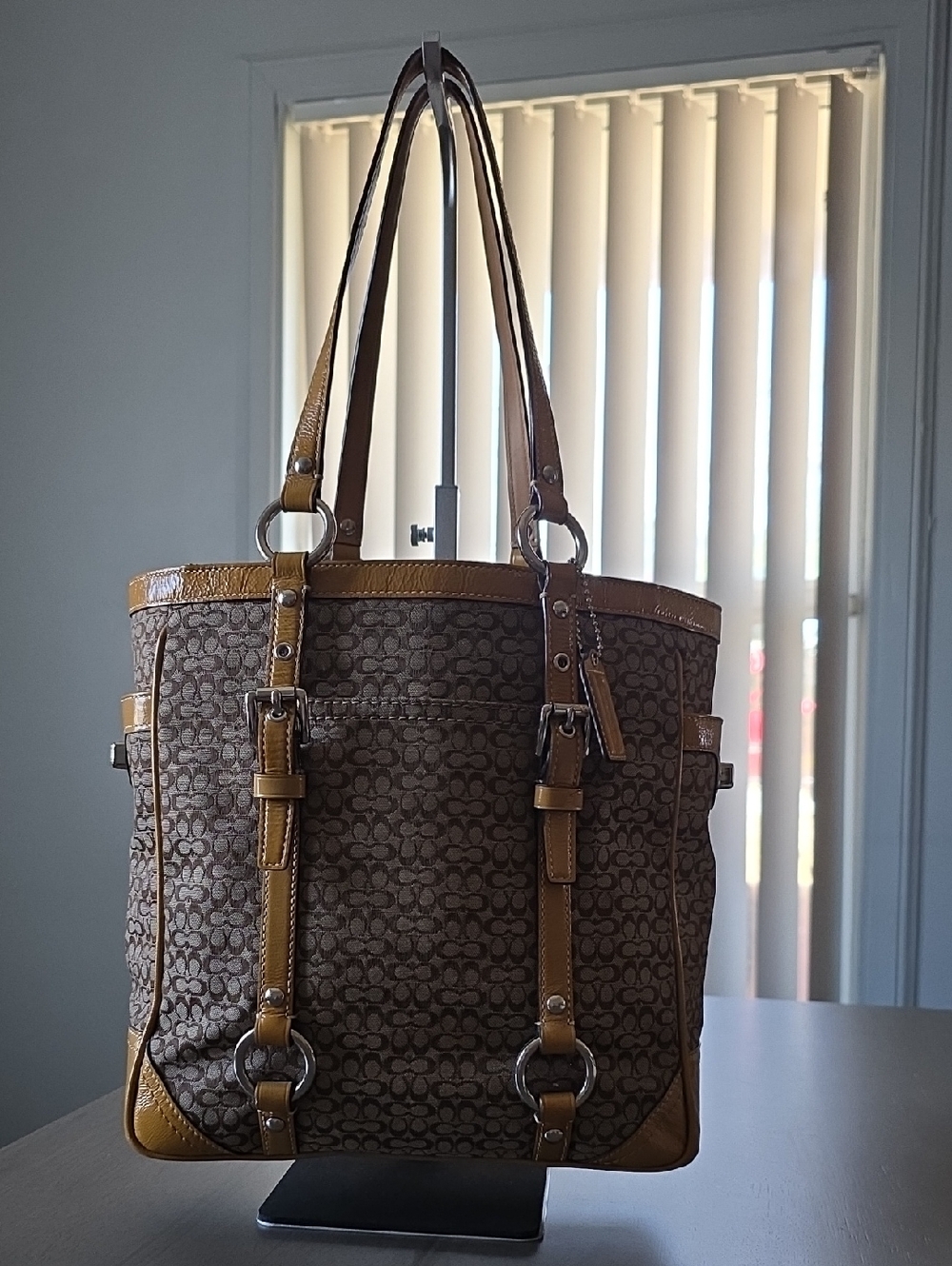 EUC Coach Brown Signature Tote w/ Tan Leather Accents